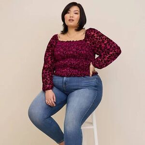 Torrid Plus Size 3X 22-24 Velvet Burnout Smocked Blouson Sleeve Top